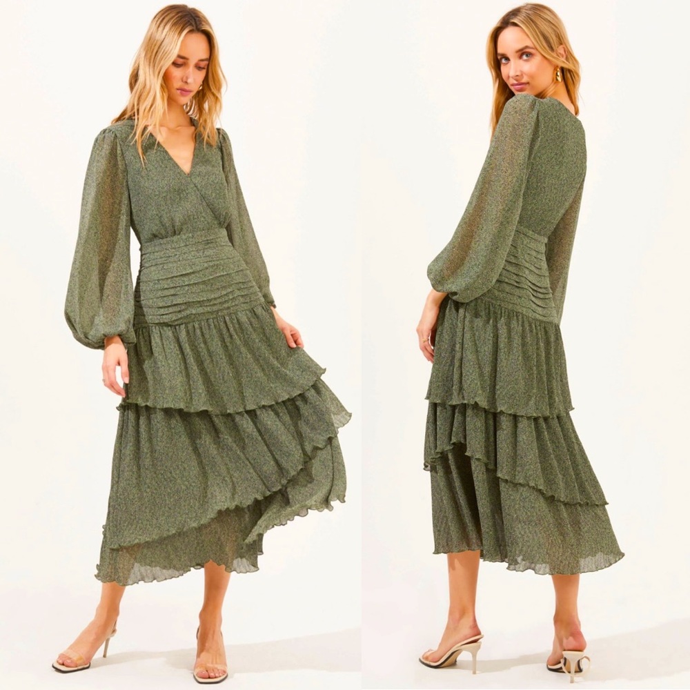 ASTR Long Sleeve Ruched Ruffle Maxi Dress